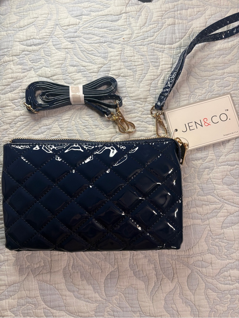 JEN&CO Navy Patent Quilted Crossbody Wristlet Bag NWT
